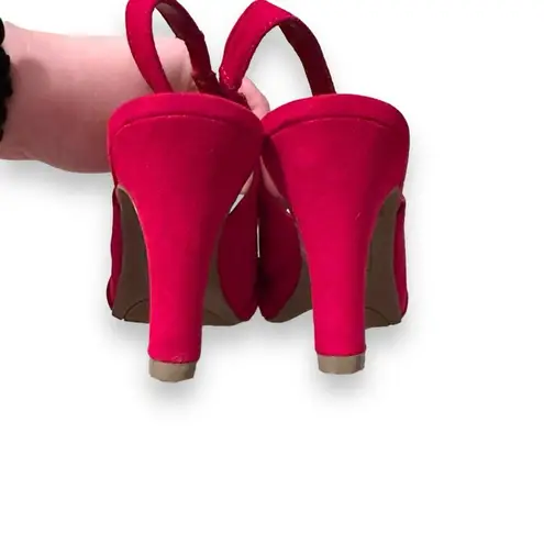 dexflex comfort Carmine Red Faux Suede Open toe Slingback Pumps Heels Sz 6.5