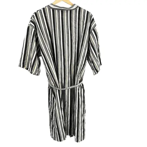 Andy Warhol Striped Cotton Kimono Robe Belted Black White Yellow Pockets Small Gray