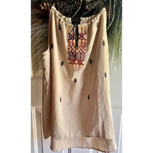 Esley Embroidered Tan Aztec Style Womens Sleeveless Top, Size Large