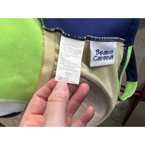 one piece swimsuit color blocked stripe ribbed blue white neon green 1990s Size L