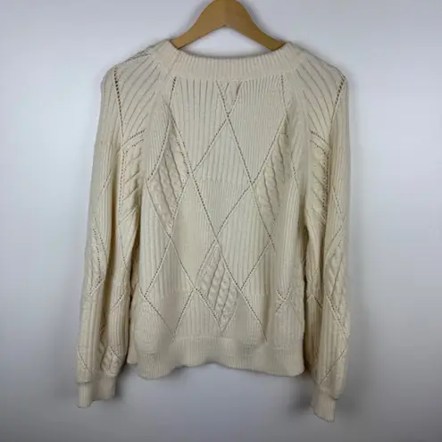 &merci &merci Diamond Mixed Knit Sweater Sz S Cream Pullover Fisherman Coastal Casual