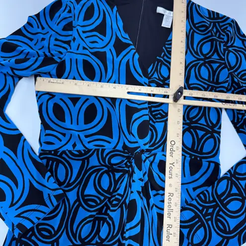 London Times Dress Womens Size 4 Blue Black Geometric Print V Neck Long Sleeve - Image 6