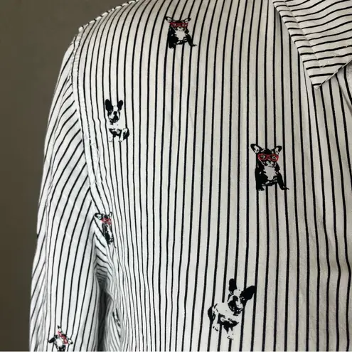 Grace and Delancy Striped French Bull Dog Print Button Down Shirt Size 8 White