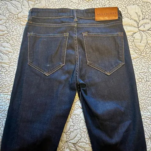 ALL SAINTS Mast Exposed Button Fly Skinny Ankle Dark Blue Stretch Jeans Sz 25