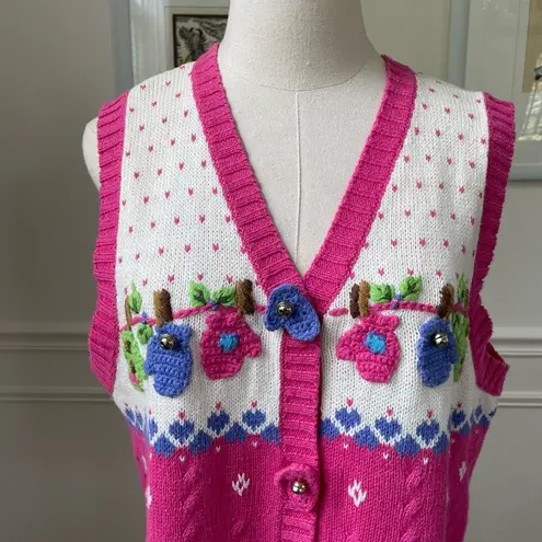 Quacker Factory Vintage Button Front Sweater Vest Novelty Mitten Knit Pink S