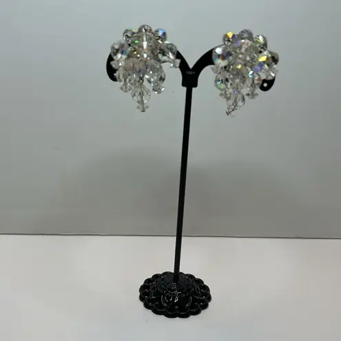 Vintage Laguna clip on earrings faceted clear aurora borealis cascading crystals