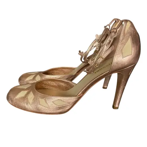 Missoni Rose Gold Metallic Leather Ankle Strap High Heels Round Toe 39 1/2 9.5