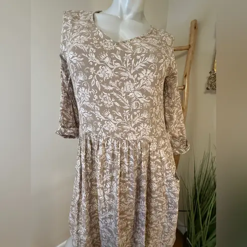 Garnet Hill Womens Taupe/Ivory Floral Bohemian Pocket Detail Dress Sz 08