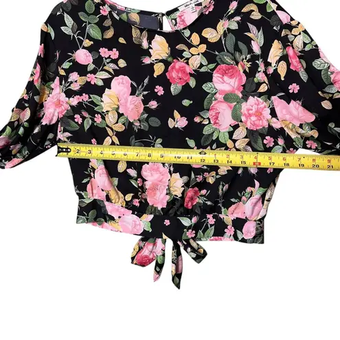 Bleuh Ciel Shirt Womens Large Black Floral Tie Front Balloon Sleeve Blouse Boho
