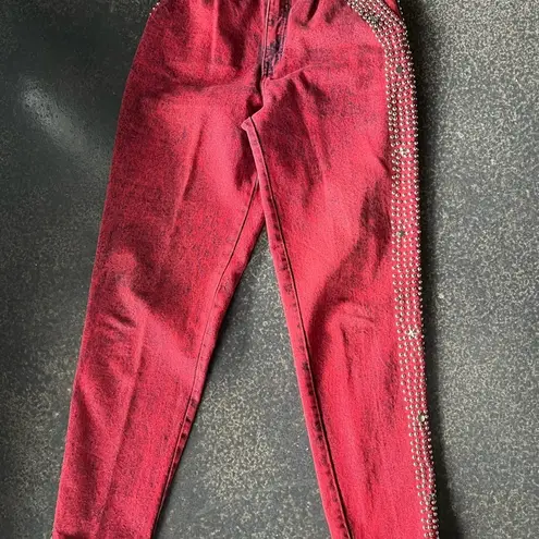 Vtg 80s Red/Black Acid Wash Jeans Womens High Waisted Embellished 7/8 USA NFR Red
