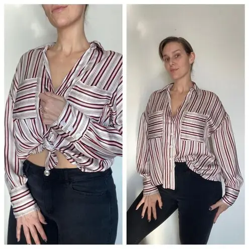 Free People  Button Down Shirt Small Oversized Stripe Red Taupe