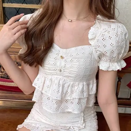 Ivory Cream Japanese Kawaii Cottage Ruffle Tier Lace Princess Blouse Crop Top White Size XS