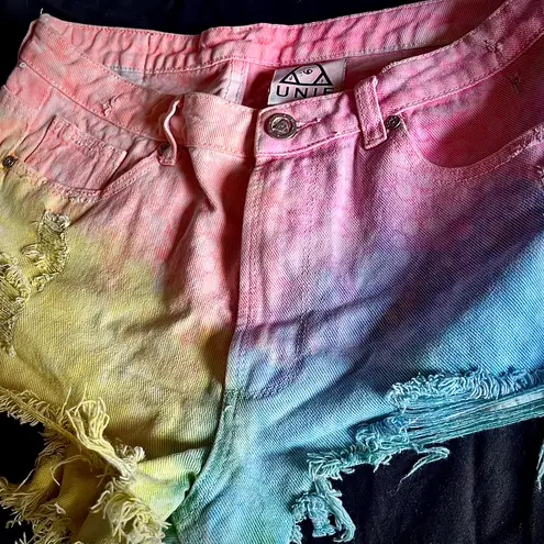 Unif Pastel Tie Dye Jean Shorts Distressed Denim 2010s Cut Offs Festival Rave