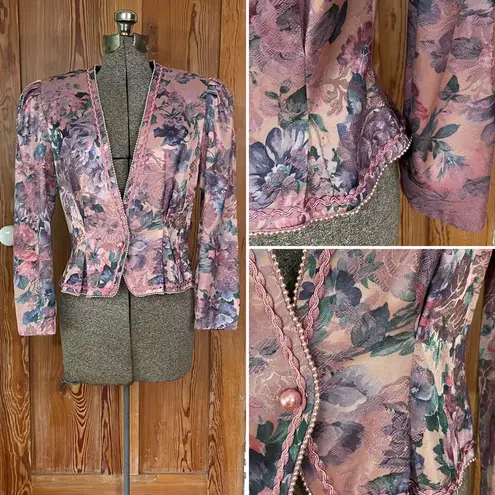 Vintage Nah Nah Collection Floral Rose Brocade Jacket Braided Trim Size M Pink Size M