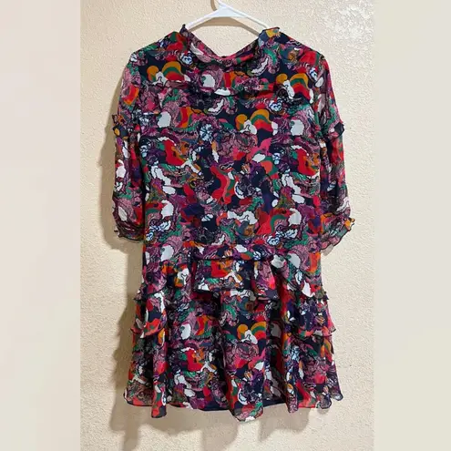 SALONI Printed Colorful Tilly Ruffle Button front Mini Dress size 6 Red
