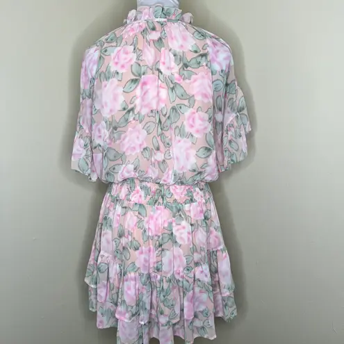 Entro Blouson Dress LARGE Floral Tiered Ruffle Mini Smocked Peasant Feminine