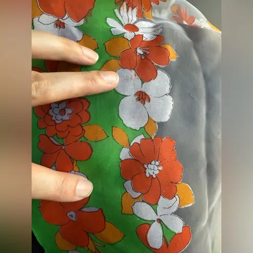 Vintage lazy daisy floral orange green sheer panel head neck scarf