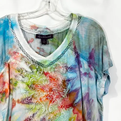 Gloria Vanderbilt XL Top Handmade Tie Dye Embroidered Crochet Neck Colorful 1525