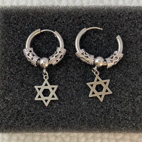 Titanium Steel Six Point Star Dangle Drop Earrings for Men Women Silver