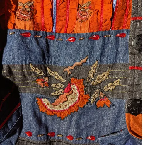 Vtg 1990s Coldwater Creek Blue Denim Orange Silk Floral Patchwork Jacket Sz S
