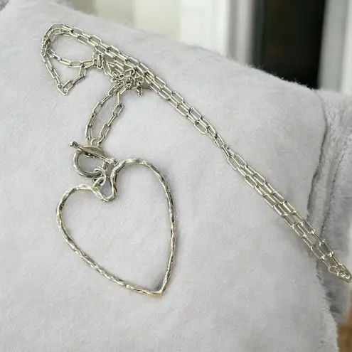 Large Silver Hammered OpenHeart Pendant Necklace 32" Silver Toggle Chain