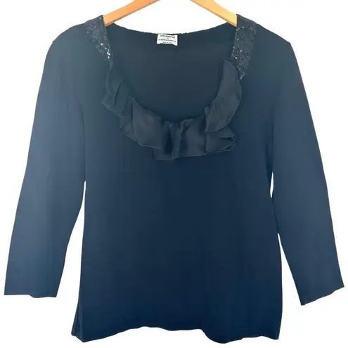 Philosophy di Alberta Ferretti Black Knit Satin Ruffle Scoop Neck Top Size L Size L