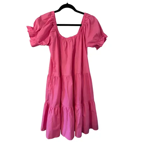 BURU Pink Cotton Puff Sleeve Tiered Square Neck Midi Dress Size S Preppy