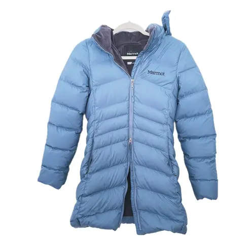 Marmot  Womens Winter Varma Long Down Puffer Jacket 700 Fill XS Storm Cloud Blue