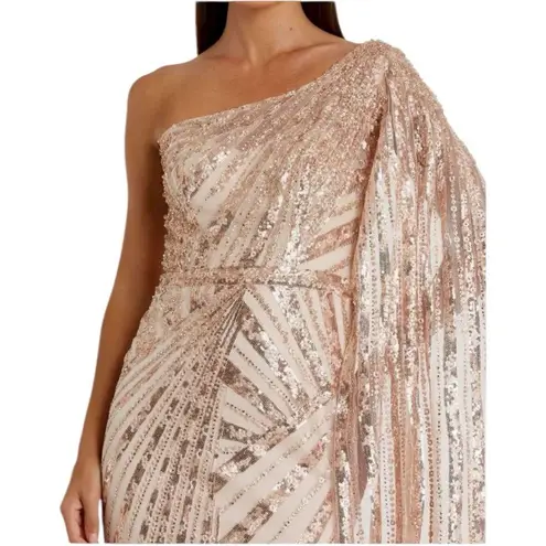 Mac Duggal NWOT Rose Gold One Shoulder Cape Sleeve Embellished Gown Sz 16 #20528