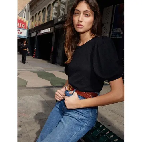 Nation Ltd Black Pima Cotton Linen Puff Sleeve Crew Neck Top Women's Size S