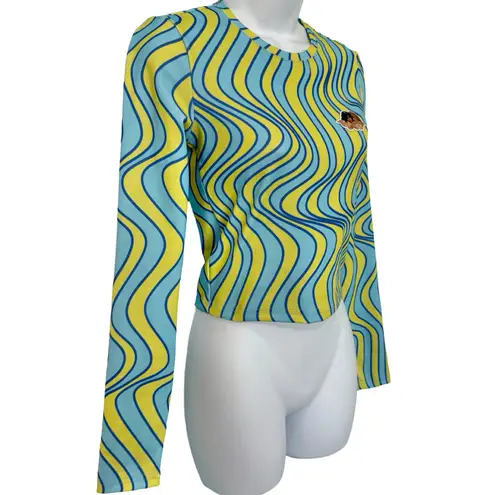 Fiorucci Green Blue Groovy Swirl Wave Long Sleeve Angel Patch Crop Top size M