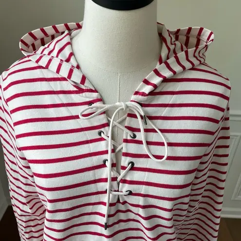 L.L. Bean 501247 Red Stripe Retro French Nautical Lace Front Hooded Shirt M Size M