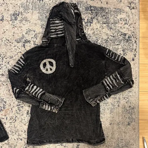 NWOT Pointy Hooded Om Gothic Style Stonewashed Razor Cut Zip Up Hoodie Black