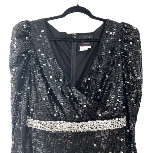 Mac Duggal NEW V Neck Sequin & Rhinestone Embellished High Slit Maxi Gown Black