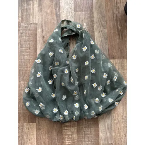 ZARA Embroidered Tulle Daisy Mesh Mini Bucket Bag in Sage Green