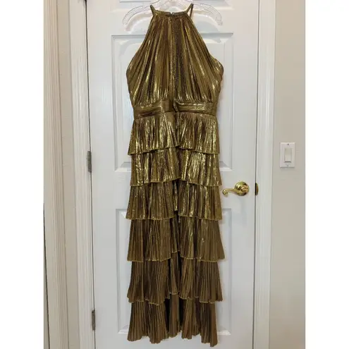 Mac Duggal NWT 30763 Gold High Neck Pleated Tiered Ruffle Metallic Gown Size 12