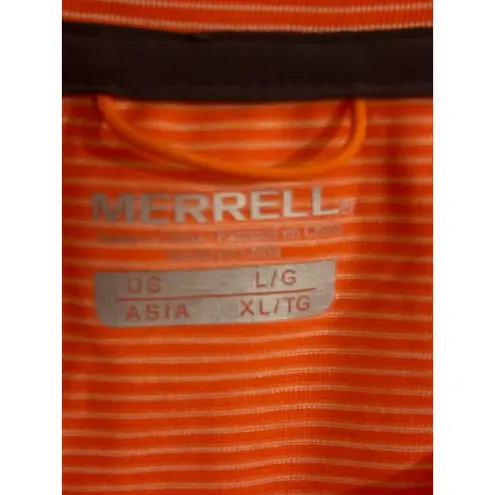 Merrell Women Orange Striped V Neck Athletic T Shirt Top Size L