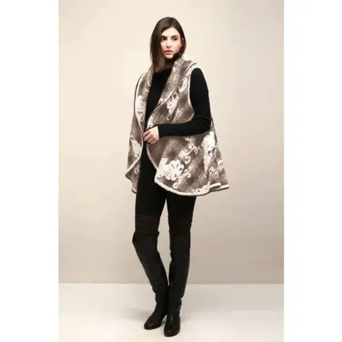 Boutique Floral Embossed Shawl Vest One Size 3-Way Taupe White Brown Floral WOOL Blend