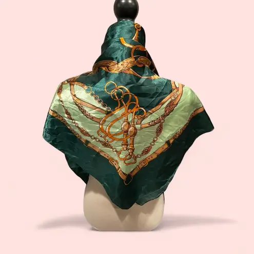 Vintage 80s Mosi silky equestrian old money scarf mob wife 35” x 35” harness Green