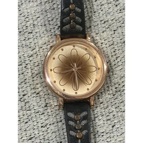 Womens Accutime Gold Tone Floral Watch Black Leather Strap Detail
