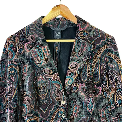 Vintage Script Blazer Size 12 Multicolor Paisley Print Velvet Boho Regal Baroque Black
