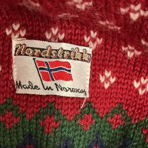 Nordstrikk Fair Isle Knit 100% Wool Norway Icelandic Cardigan Sweater Size Large Red