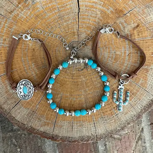 Concho and Saguaro Cactus Faux Leather Bracelet Set Blue