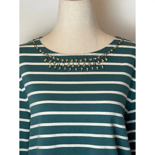 Garnet Hill Dark Green And White Striped Jeweled Neckline Long Sleeve Top Size M