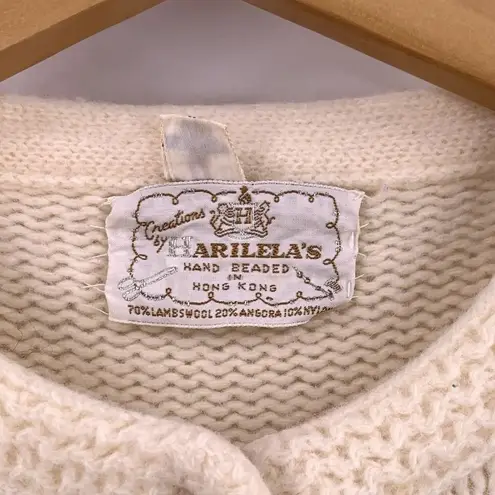 Vintage Harilela's Ivory Angora Blend Pearl Button Beaded Cardigan Size 40 Size L