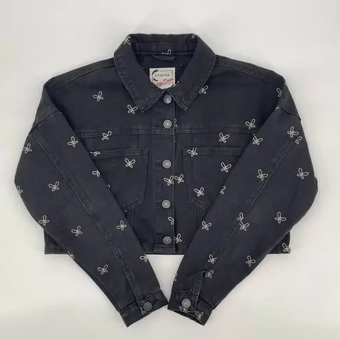 Stoosh Vintage Denim Butterfly Cropped Jean Jacket Black Size Small Button Front