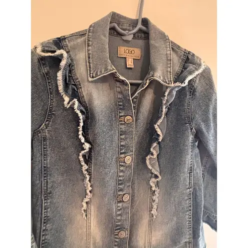 LOGO By Lori Goldstein Logo Lori Goldstein Jean Jacket 3/4 Sleeve Raw Hem Distressed Ruffled Size 2 XS