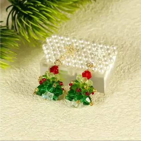Artificial Crystal Christmas Tree Design Dangle Earrings Retro Simple Style Zinc Green