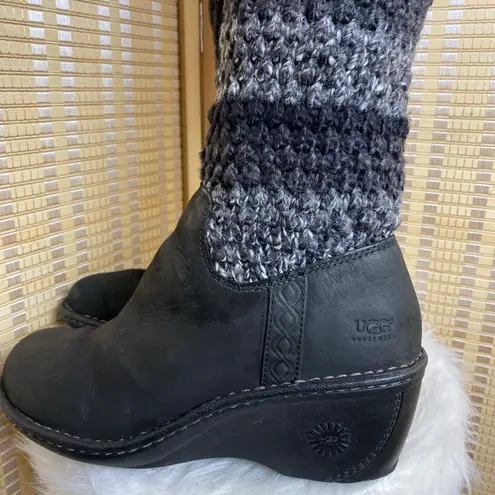 UGG Cresthaven Black Nubuck Leather Knit Warm Wedge Winter Boot