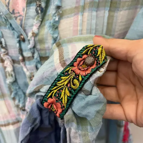 Aratta Silent Journey Plaid & Floral Boho Button Down Tunic Top | Size S Blue